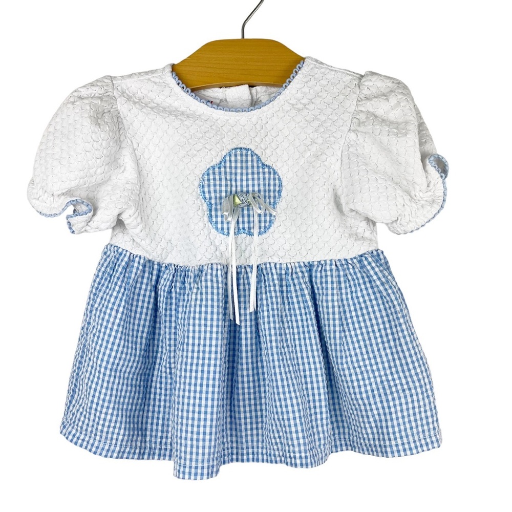 Vintage Small Steps Gingham Top Flower Accent Blue White Size 24 Months